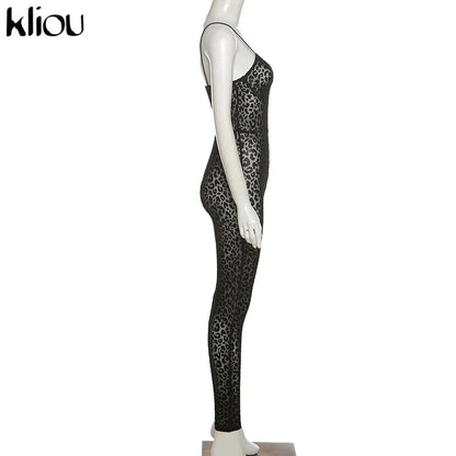 Kliou Flocking Mesh Jumpsuit Women Autumn Sexy Camis Leopard Patchwork Body-Shaping One Piece Clothing Midnight Attire Clubwear