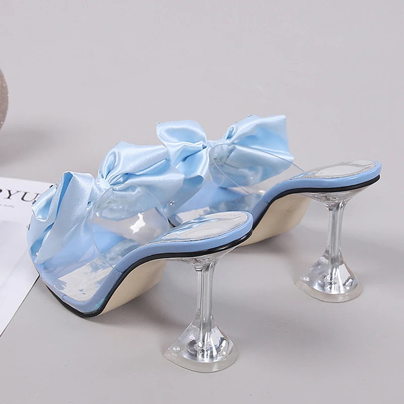 2026 New Fashion Crystal Bow High Heels Slippers Shoes Woman Sexy PVC Transparent Sandals Women Slides Open Toe Pumps Blue Black