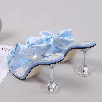 2026 New Fashion Crystal Bow High Heels Slippers Shoes Woman Sexy PVC Transparent Sandals Women Slides Open Toe Pumps Blue Black