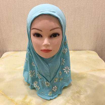 H043 beautiful small girl hijab with flower net cute hijab hats women's caps can fit 2-6 years old girls muslim baby headscarf