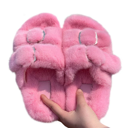Slippers Ladies Summer Fluffy Mink Fur Slippers 100% Mink Fur Slippers Ladies Sandals 2021 Home Slippers Girls Outdoor Slippers