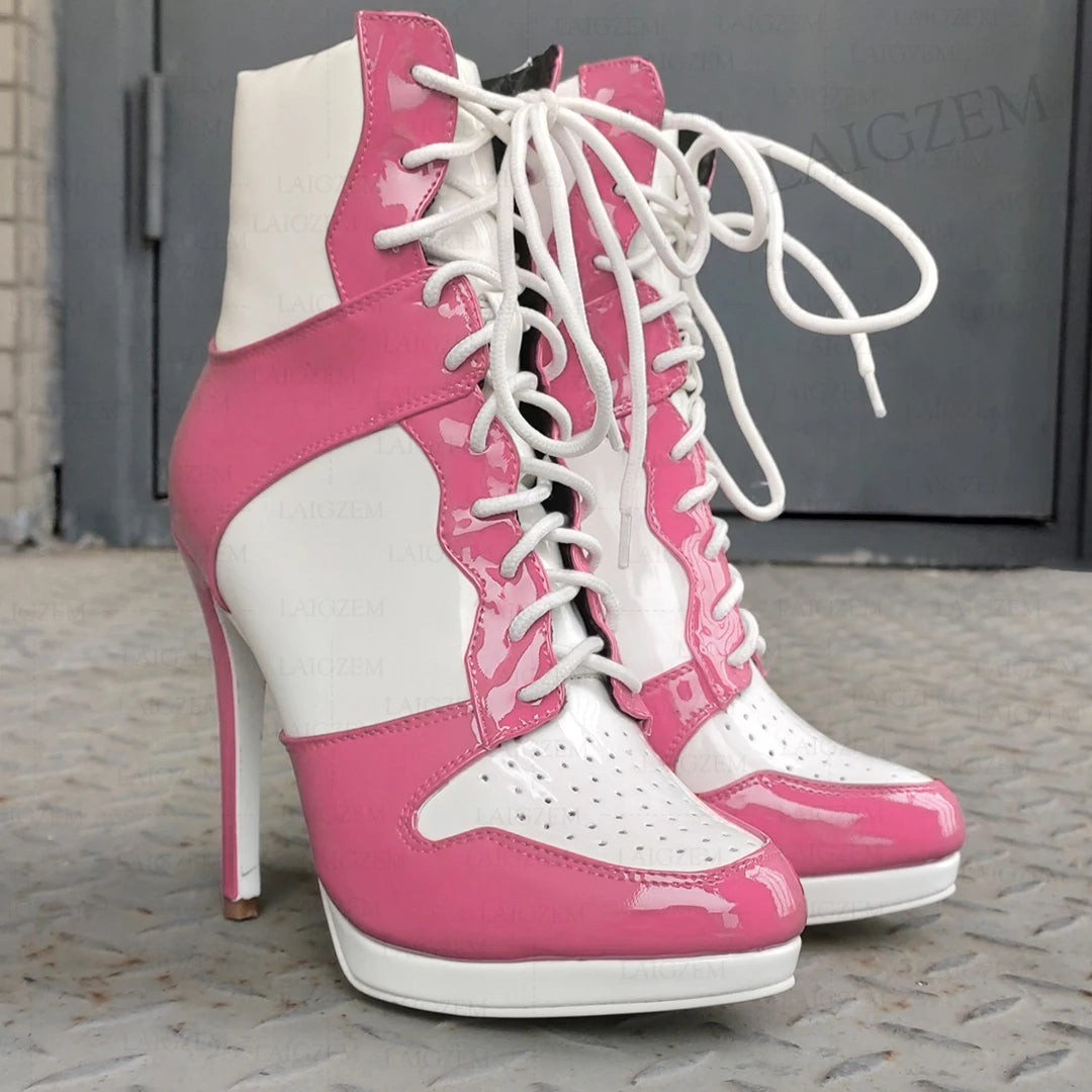 LAIGZEM Women Ankle Boots Round Toe Shiny Thin High Heels Comfortable Lace Up Short Boots Ladies Girls Big Size 41 45 46 47