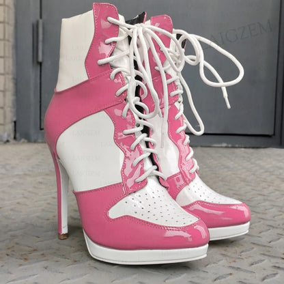 LAIGZEM Women Ankle Boots Round Toe Shiny Thin High Heels Comfortable Lace Up Short Boots Ladies Girls Big Size 41 45 46 47