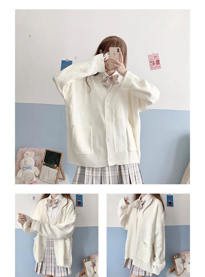 Japan School Sweater Spring Autumn V-neck Cotton Knitted Sweater College Style JK Uniform Cardigan 4 Color Student Girls Cosplay