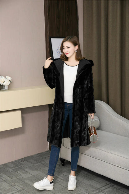 Luxury Lady Genuine real natural mink fur coat with hood women's long fashion warm winter waistcoats jacket custom any size