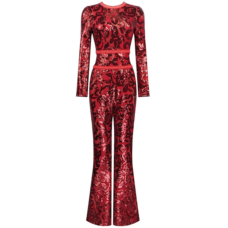 2021 Spring New Jumpsuits Hot Sale Sexy Lace Hollow Out Rompers Red Flame Pants Women's Fashion Club Street Wear