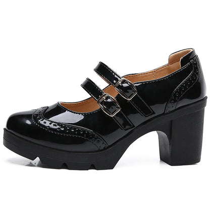 EOFK Women Pumps Shoes Genuine Leather New Mary Jane High Heels Shinny Patent Woman Ladies Shoes Pumps Brogue High Square Heel