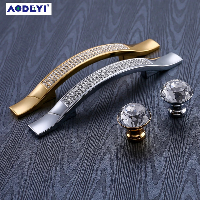 Crystal Drawer Pull Handles Diamond Sliver Wine Wardrobe Decotation Furniture Dresser Kitchen Cupboard Cabinet Knobs Gold Chrome