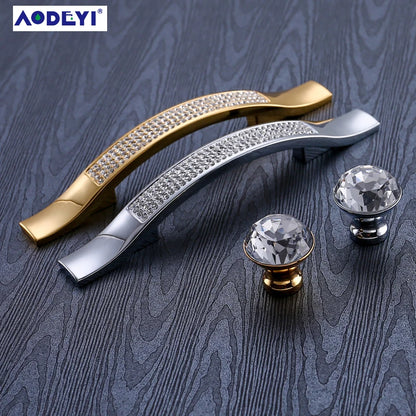 Crystal Drawer Pull Handles Diamond Sliver Wine Wardrobe Decotation Furniture Dresser Kitchen Cupboard Cabinet Knobs Gold Chrome