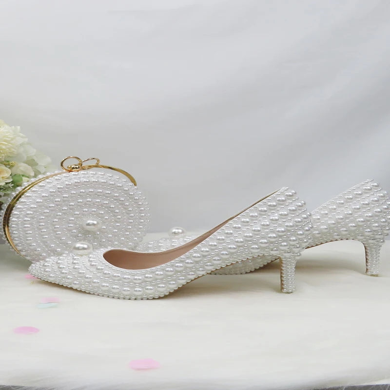 BaoYaFang White Beads Pearl Women Wedding Shoes Bride High Heels Shoes Ladies Super Big Size Party Dress Shoes Woman Pointed Toe