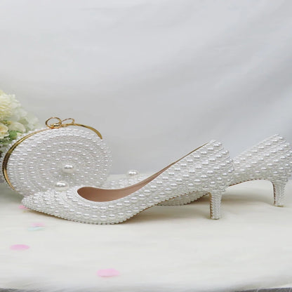 BaoYaFang White Beads Pearl Women Wedding Shoes Bride High Heels Shoes Ladies Super Big Size Party Dress Shoes Woman Pointed Toe