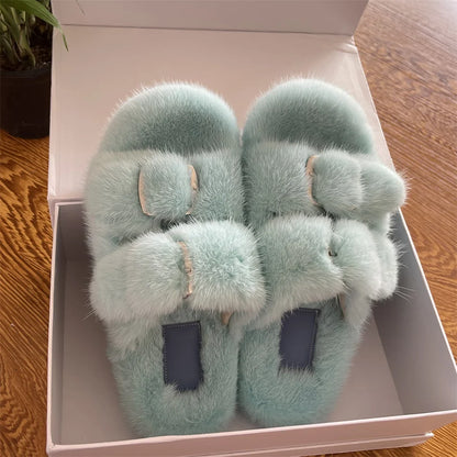 Luxury Designer Slipper Women 2025 Winter European Fashion Women's Shoes Ladies Slippers 100% Mink Slippers Shoes for Woman