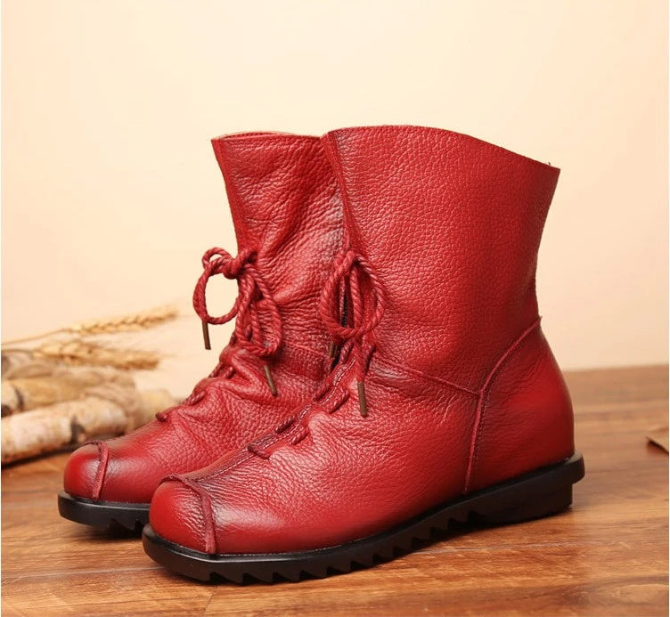 JIANBUDAN/ Genuine Leather Plush Women's Short Boots Retro Casual Autumn Winter Women's Boots Waterproof Leather Warm Snow Boots