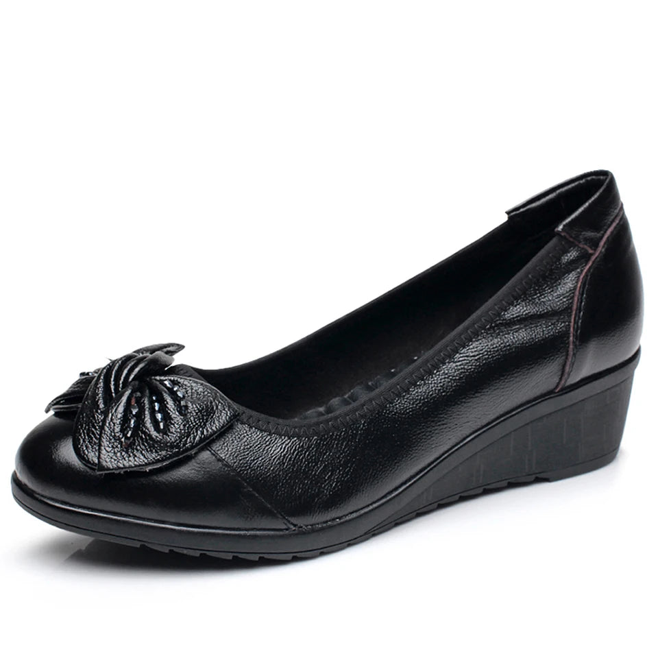 Women's Genuine Leather Pumps with Soft Butterfly Knot Wedge Low Heel Comfortable Round Toe Ladies Mother Loafers