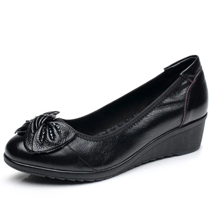 Women's Genuine Leather Pumps with Soft Butterfly Knot Wedge Low Heel Comfortable Round Toe Ladies Mother Loafers