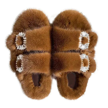 Slippers Ladies Summer Fluffy Mink Fur Slippers 100% Mink Fur Slippers Ladies Sandals 2021 Home Slippers Girls Outdoor Slippers