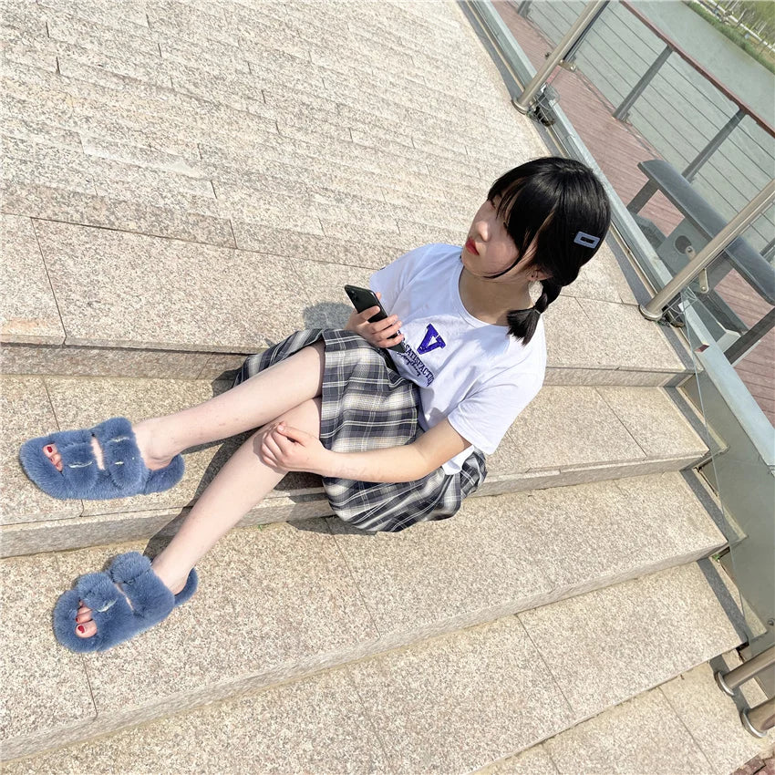 Slippers Ladies Summer Fluffy Mink Fur Slippers 100% Mink Fur Slippers Ladies Sandals 2021 Home Slippers Girls Outdoor Slippers