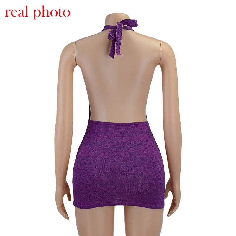 Cryptographic Halter Sexy Backless Mini Dresses Bodycon Skinny Club Party Sleeveless Knitted Dress Fall Streetwear Beach Holiday