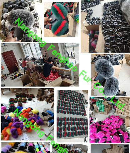 Women Summer Casual Fluffy Slippers With Fur Flat Non-Slip Real Fox Fur Furry Slides Large Size Shoes Fur Sandals