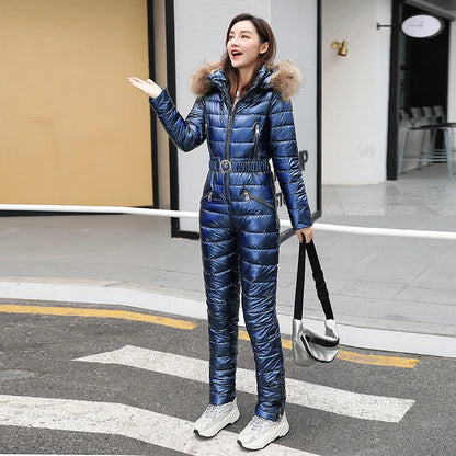 One Piece Ski Suit Women Jackets Winter Hooded Parka Jumpsuit Women Cotton Bodysuit Sashes Jumpsuits Zipper Overalls Tracksuits