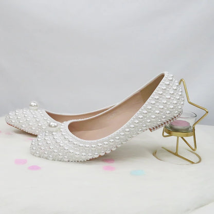BaoYaFang White Beads Pearl Women Wedding Shoes Bride High Heels Shoes Ladies Super Big Size Party Dress Shoes Woman Pointed Toe
