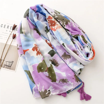 2026 Luxury Brand Ink Painting Floral Tassel Viscose Shawl Scarf Lady High Quality Pashmina Hijab and Wraps Foulard Muslim Sjaal