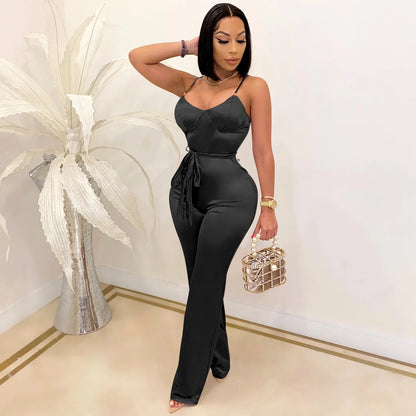 New Women Spaghetti Strap Sleeveless Straight Jumpsuit Women Sexy Club Open Back High Waist Rompers One Piece Overalls
