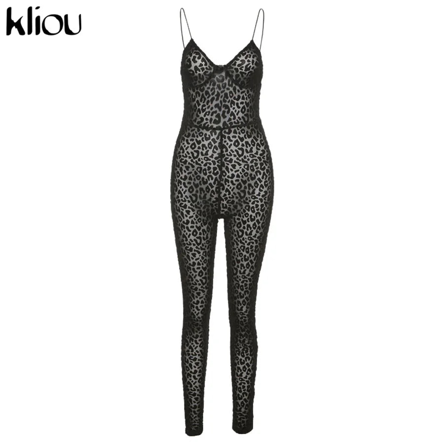 Kliou Flocking Mesh Jumpsuit Women Autumn Sexy Camis Leopard Patchwork Body-Shaping One Piece Clothing Midnight Attire Clubwear