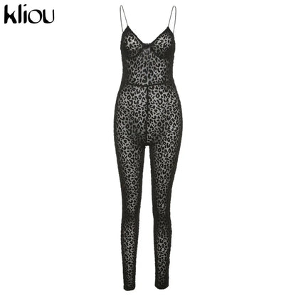 Kliou Flocking Mesh Jumpsuit Women Autumn Sexy Camis Leopard Patchwork Body-Shaping One Piece Clothing Midnight Attire Clubwear
