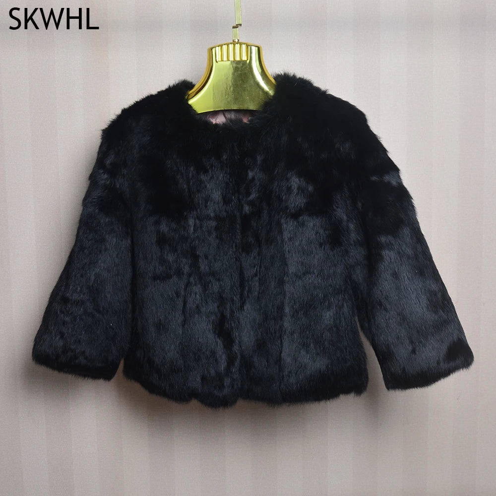 Genuine Full Pelt Fur Jacket Women's Design Rabbit Fur Coat Natural Wholeskin Fur Coat O-Neck Fashion Slim Thin Rabbit Fur Coat