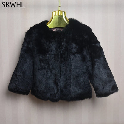 Genuine Full Pelt Fur Jacket Women's Design Rabbit Fur Coat Natural Wholeskin Fur Coat O-Neck Fashion Slim Thin Rabbit Fur Coat