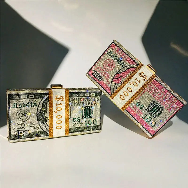 Luxury Money Clutch Rhinestone Purse 10000 Dollars Stack of Cash Evening Handbags Shoulder Wedding Dinner Bag 8 Color Wallet