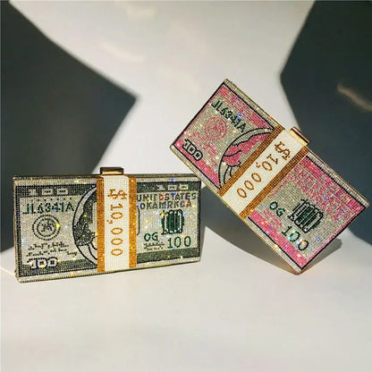 Luxury Money Clutch Rhinestone Purse 10000 Dollars Stack of Cash Evening Handbags Shoulder Wedding Dinner Bag 8 Color Wallet
