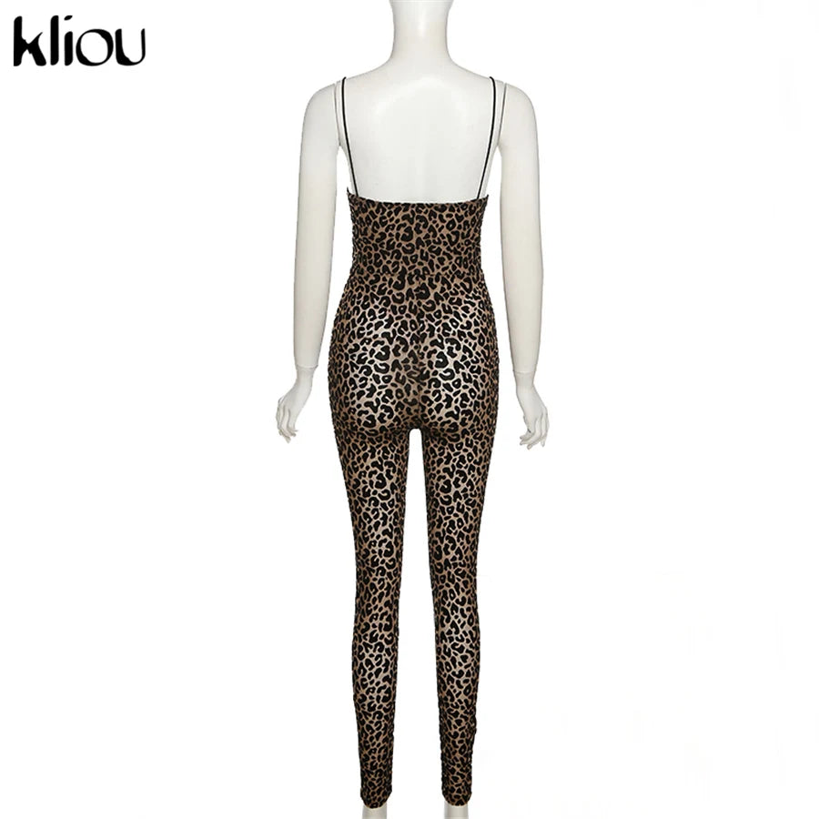 Kliou Flocking Mesh Jumpsuit Women Autumn Sexy Camis Leopard Patchwork Body-Shaping One Piece Clothing Midnight Attire Clubwear