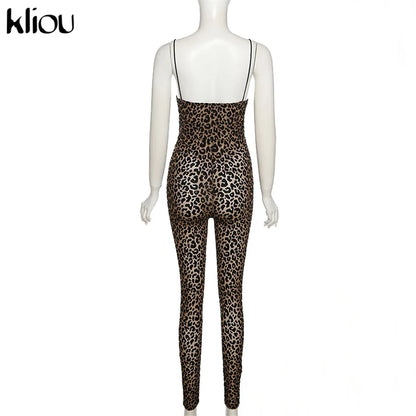 Kliou Flocking Mesh Jumpsuit Women Autumn Sexy Camis Leopard Patchwork Body-Shaping One Piece Clothing Midnight Attire Clubwear