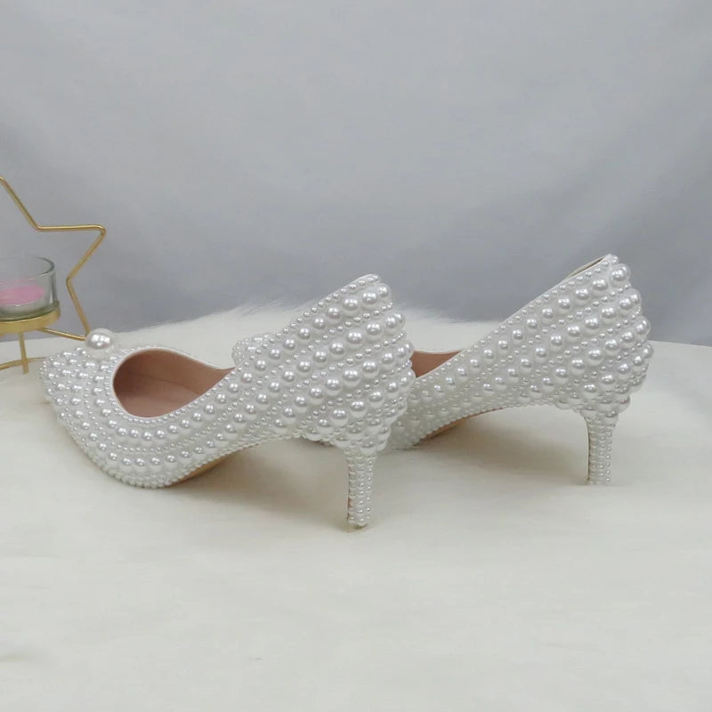 BaoYaFang White Beads Pearl Women Wedding Shoes Bride High Heels Shoes Ladies Super Big Size Party Dress Shoes Woman Pointed Toe