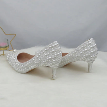 BaoYaFang White Beads Pearl Women Wedding Shoes Bride High Heels Shoes Ladies Super Big Size Party Dress Shoes Woman Pointed Toe