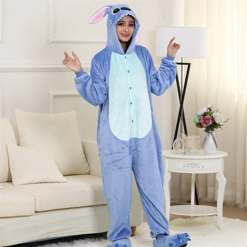 Anime Kigurumis Onesies With Slippers Overalls Adult Women Men Blue Animal Pajama Button Zipper Jumpsuit Funny Outfit XXL Suit