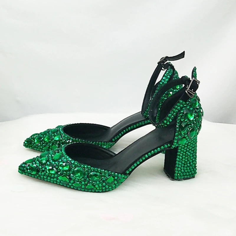 BaoYaFang 2022 NEW ARRIVE Green Crystal Wedding Shoes Woman Thin Heel Pointed Toe Bridal Party Dress Shoe Big Size High Pumps