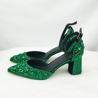 BaoYaFang 2022 NEW ARRIVE Green Crystal Wedding Shoes Woman Thin Heel Pointed Toe Bridal Party Dress Shoe Big Size High Pumps