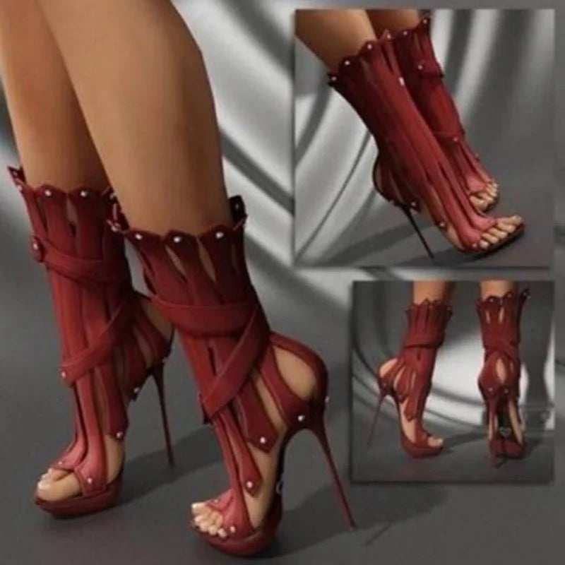 Sexy Vertical Shape Stiletto Heel Ankle Boots Peep Toe Metal Heels Studded Strappy Sandals Red White Black Runway Boot Shoes