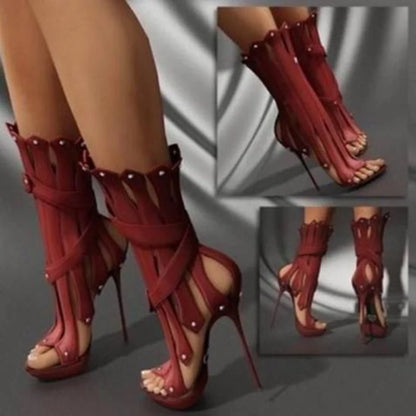Sexy Vertical Shape Stiletto Heel Ankle Boots Peep Toe Metal Heels Studded Strappy Sandals Red White Black Runway Boot Shoes