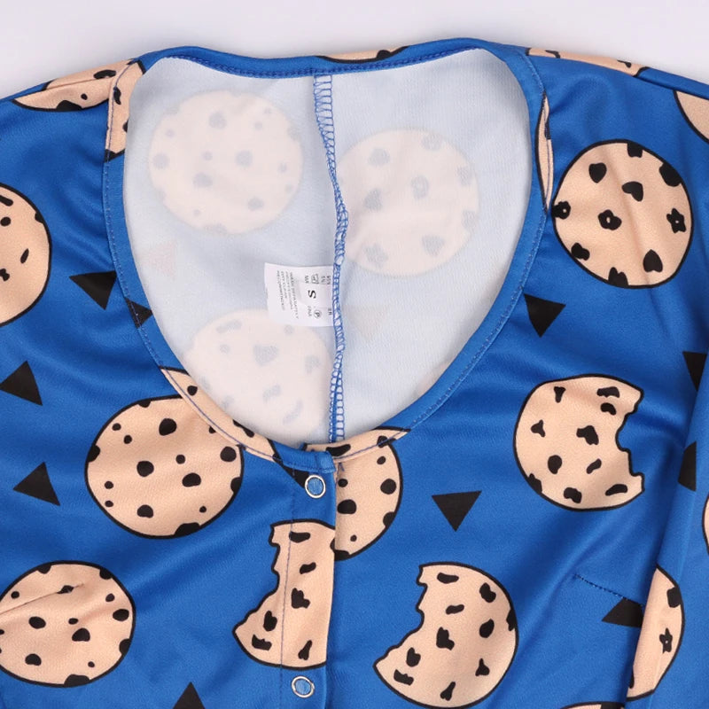 Cartoon Cookies Printed Women Sexy Oneies Bodycon Jumpsuit Romper Long Sleeve HomeWear Tracksuit Playsuit Pajama Onesies