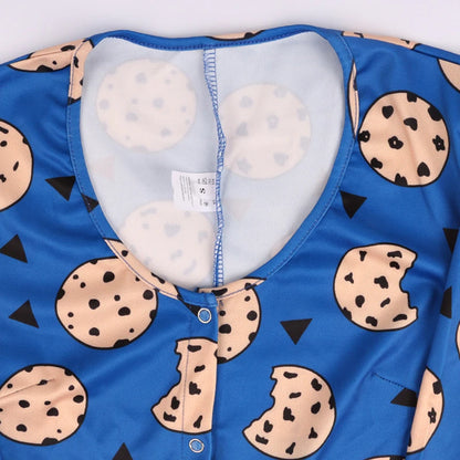 Cartoon Cookies Printed Women Sexy Oneies Bodycon Jumpsuit Romper Long Sleeve HomeWear Tracksuit Playsuit Pajama Onesies