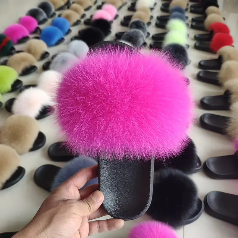 Women Summer Casual Fluffy Slippers With Fur Flat Non-Slip Real Fox Fur Furry Slides Large Size Shoes Fur Sandals