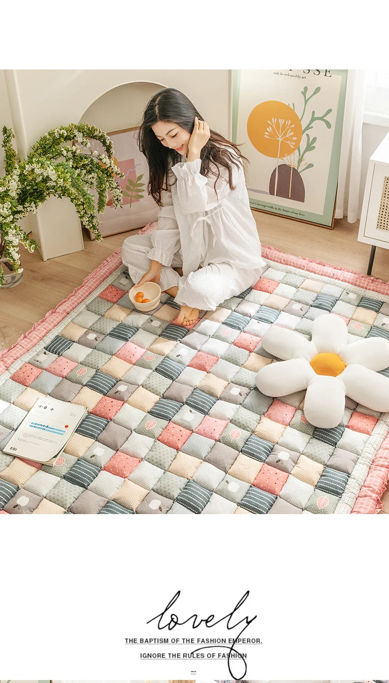 Large Thick Cotton Quilted Rugs for Living Room Anti Slip Bedroom Bedside Carpet Rugs Winter Warm Floral Print Tatami Floor Mats