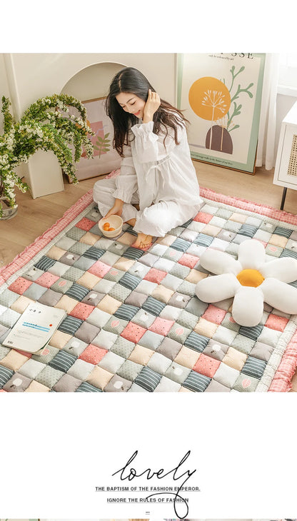 Large Thick Cotton Quilted Rugs for Living Room Anti Slip Bedroom Bedside Carpet Rugs Winter Warm Floral Print Tatami Floor Mats