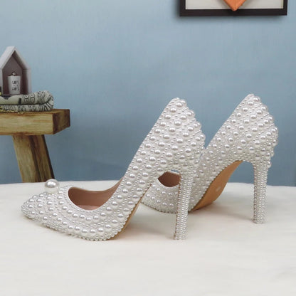 BaoYaFang White Beads Pearl Women Wedding Shoes Bride High Heels Shoes Ladies Super Big Size Party Dress Shoes Woman Pointed Toe