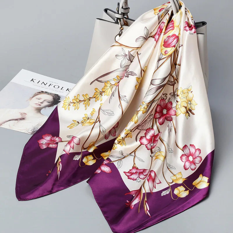 Wholesale Fashion Floral Print Kerchief Silk Satin Shawls and Wraps Hijab Scarfs Female 90cm*90cm Square Bag Scarves For Ladies