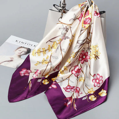 Wholesale Fashion Floral Print Kerchief Silk Satin Shawls and Wraps Hijab Scarfs Female 90cm*90cm Square Bag Scarves For Ladies
